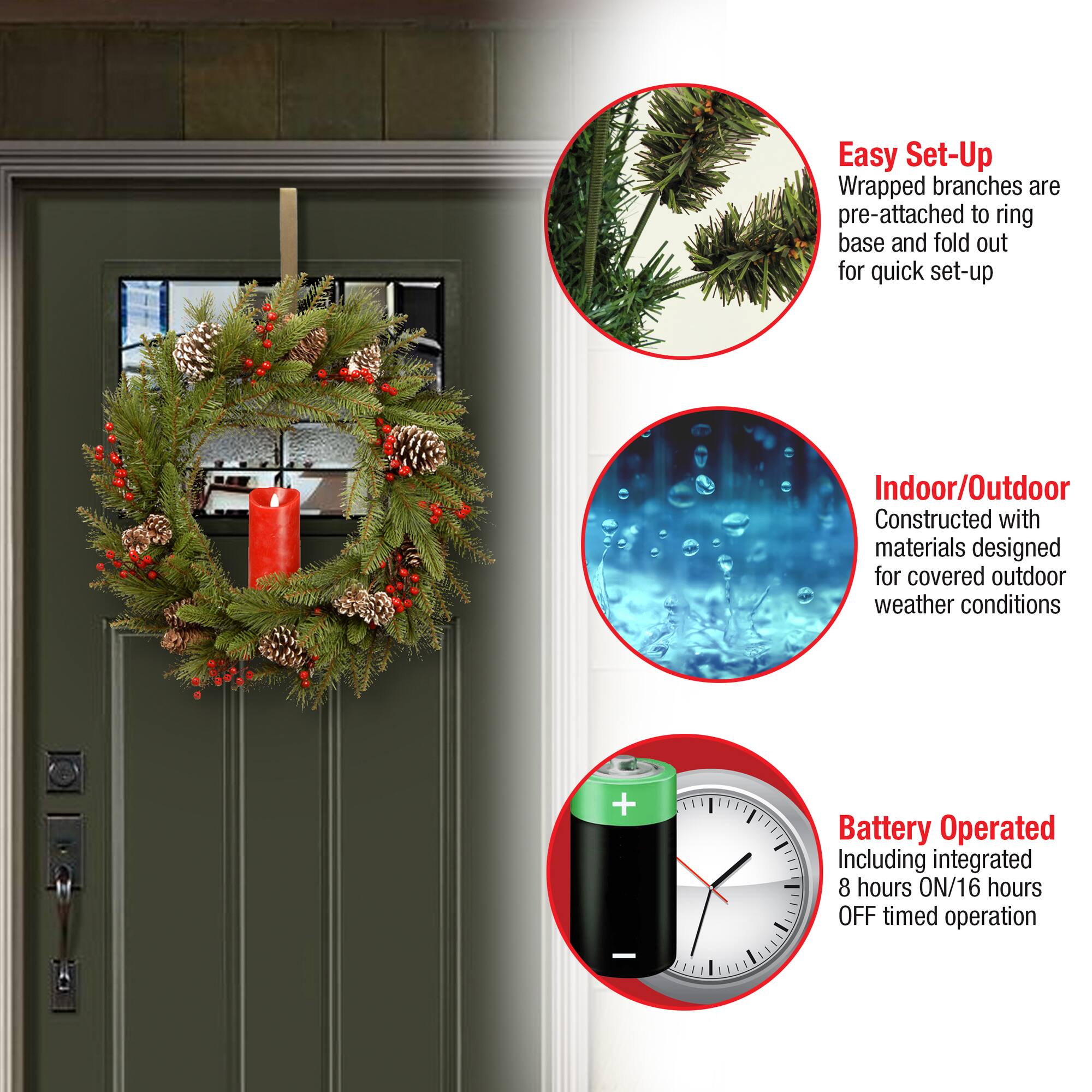 24" Feel Real® Bristle Berry Wreath with Red Electronic Candle, Red Berries & Cones